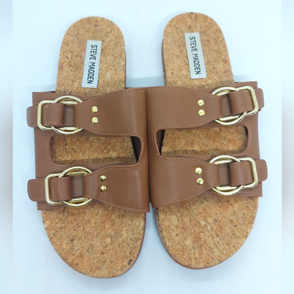Steve Madden Zeya Brown Leather Gold Studded Slide Sandals Size 8M Summer Shoes